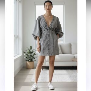 Joslin Studio Ayra Denim Dress Grey Wash Size 10 Puff Sleeve Mini Dress